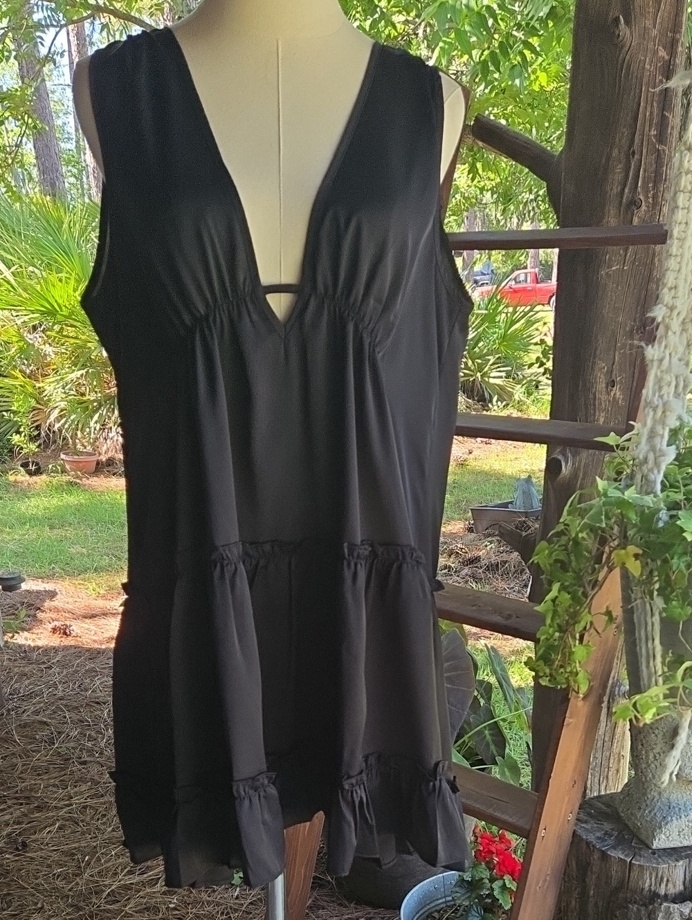 Black Satin Relaxed Fit Tiered Mini Dress Size Medium